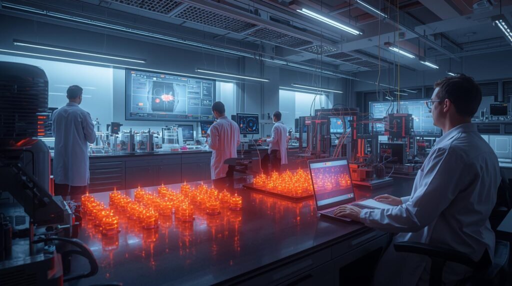 Scientists researching Rydberg atoms quantum computing using optical tweezers, laser systems, and neutral atom quantum processors in an advanced laboratory
