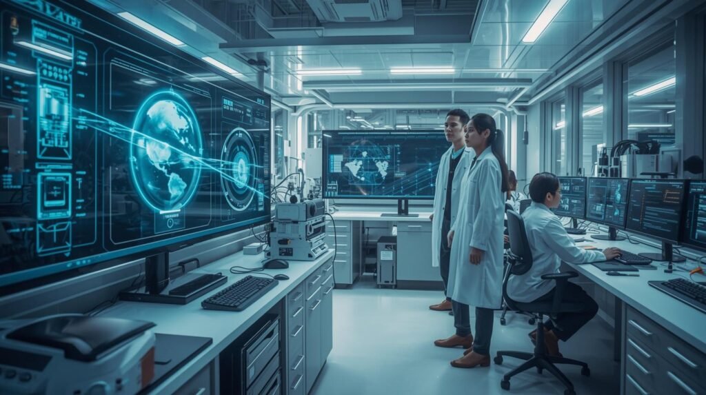 Scientists developing quantum sensing technologies using atomic vapors, precision instruments, and advanced research systems in a modern laboratory