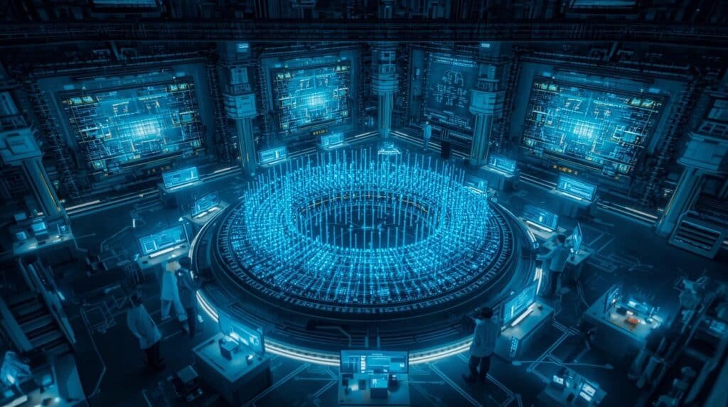 Scientists developing scalable quantum computing architecture with large neutral atom processors, interconnected qubits, and advanced quantum hardware in a modern laboratory