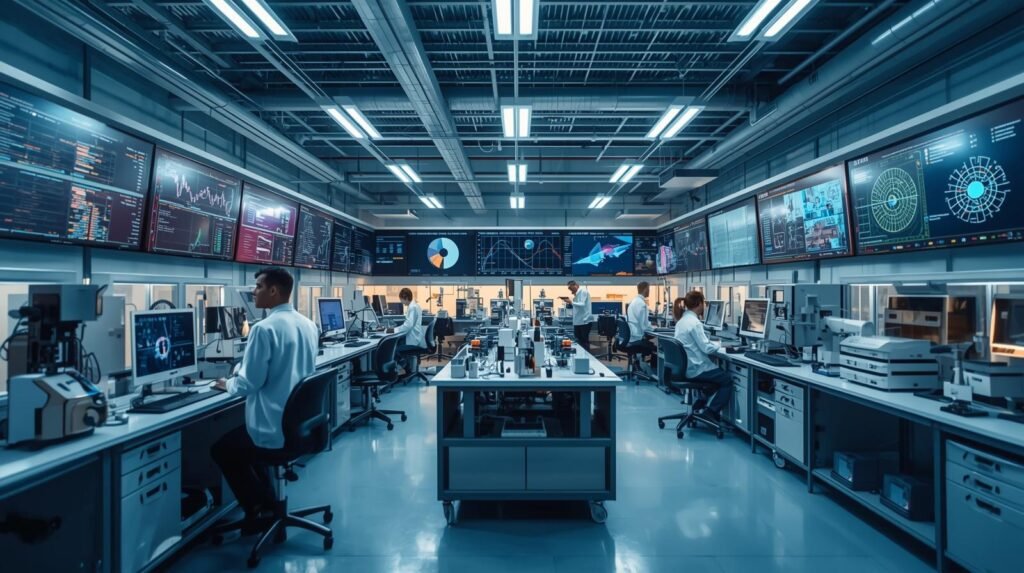 Scientists developing advanced sensors using precision engineering, data analytics, and next-generation sensing technologies in a modern research laboratory