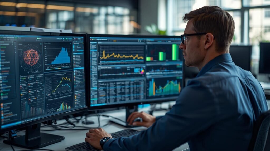 Machine learning engineer analyzing sentiment analysis algorithms and NLP classification models on data dashboards in a modern workplace.
