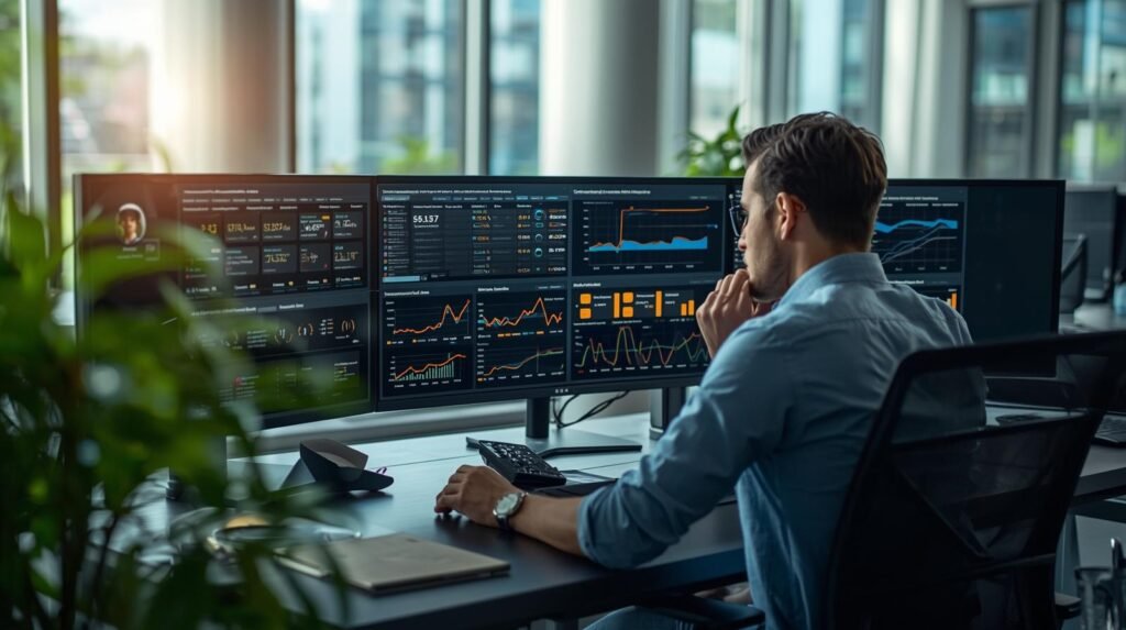 Business analyst using AI-powered sentiment analysis tools to evaluate customer feedback, reviews, and social media conversations in a modern office.