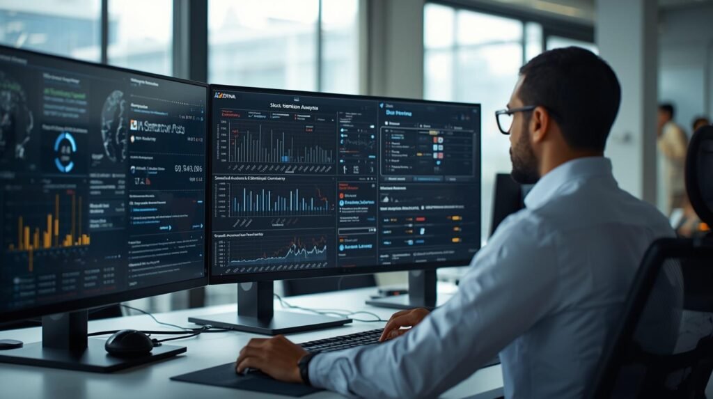 AI analyst examining sentiment analysis workflows in NLP, using dashboards to classify customer opinions, emotions, and text sentiment in a modern office.
