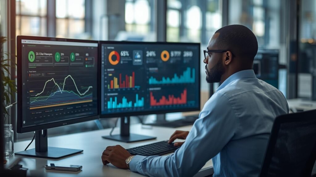 Data analyst using AI-powered sentiment analysis in NLP to evaluate customer opinions, reviews, and social media feedback in a modern workplace.