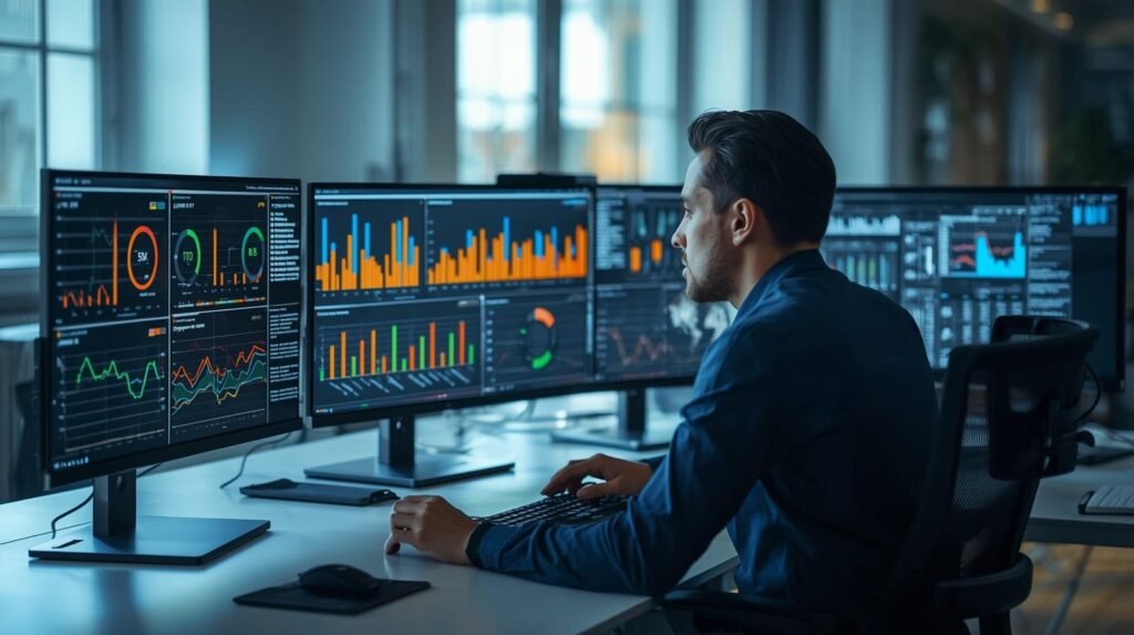 Data analyst using AI-powered sentiment analysis in NLP to evaluate customer opinions, reviews, and social media feedback in a modern workplace.