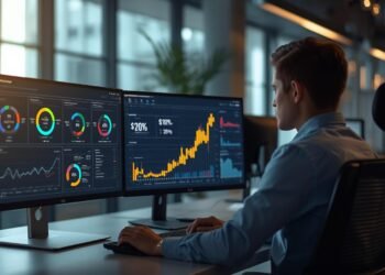 Data analyst using AI-powered sentiment analysis in NLP to evaluate customer opinions, reviews, and social media feedback in a modern workplace.