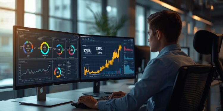 Data analyst using AI-powered sentiment analysis in NLP to evaluate customer opinions, reviews, and social media feedback in a modern workplace.