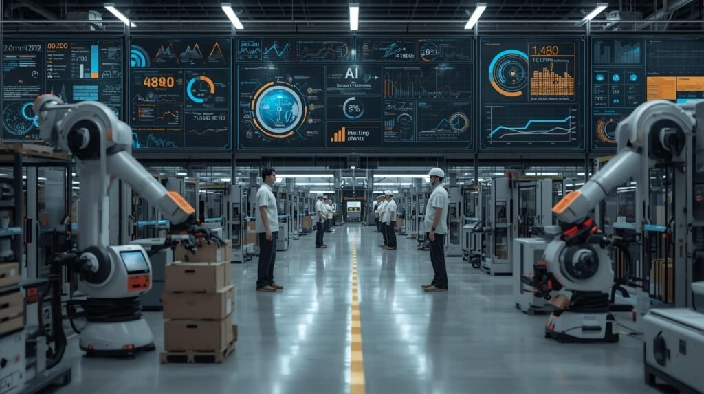 Smart robots using AI, sensors, and machine learning to automate tasks in a modern Industry 4.0 workplace.