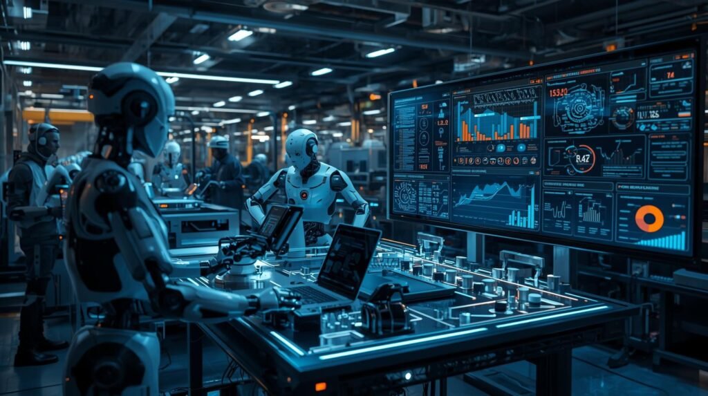 Smart robots using AI, machine learning, and advanced sensors to automate industrial operations in a modern Industry 4.0 workplace