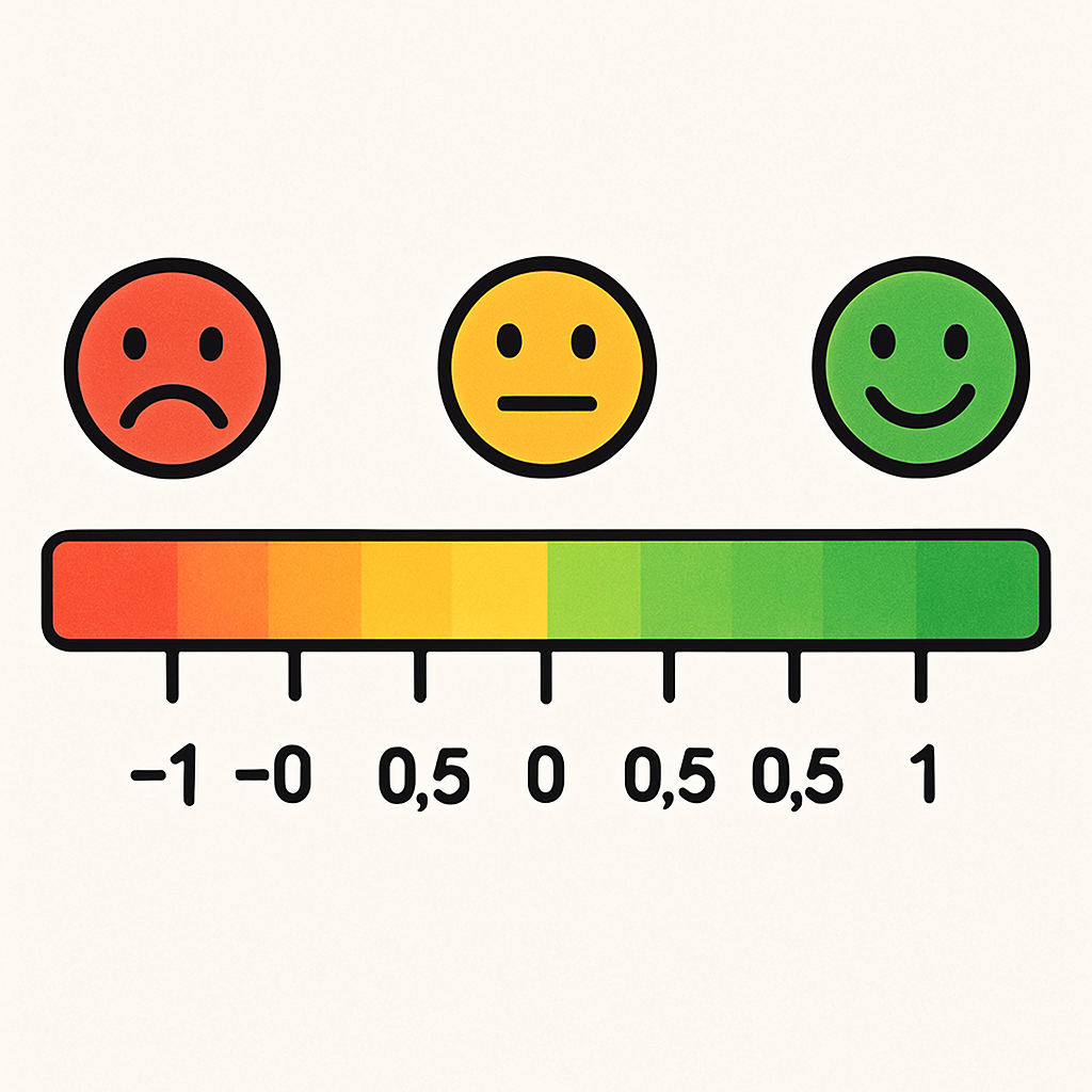 Sentiment scoring scale showing negative, neutral, and positive emotions represented by colored emoji faces and a sentiment range from -1 to +1.