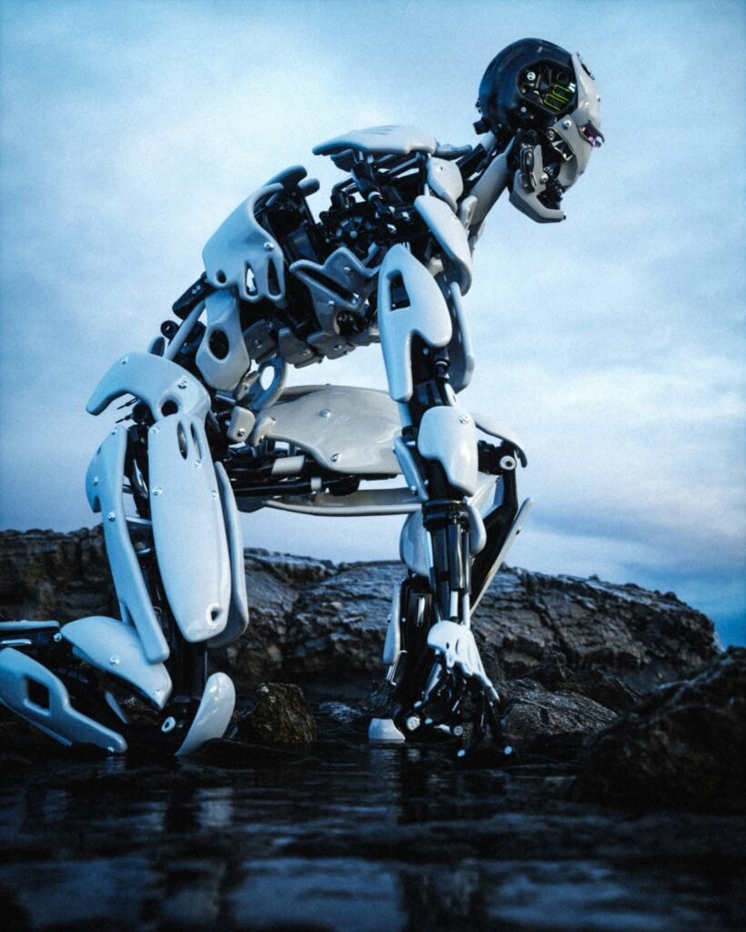 Advanced autonomous humanoid robot navigating a rugged outdoor environment using embodied AI and intelligent sensing technology
