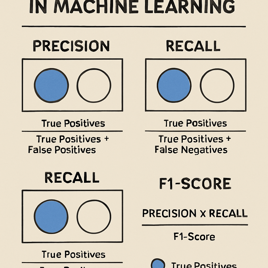 Machine learning evaluation metrics diagram illustrating precision, recall, true positives, false positives, false negatives, and F1-score used in sentiment analysis performance measurement.