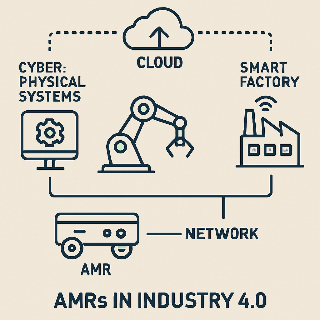 Diagram showing autonomous mobile robots (AMRs) connected to cloud computing, cyber-physical systems, smart factories, and industrial networks in Industry 4.0.