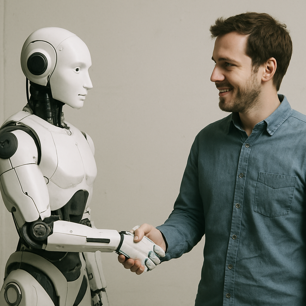 Humanoid AI robot shaking hands with a professional, symbolizing human-AI collaboration, intelligent automation, and the future of workplace technology.