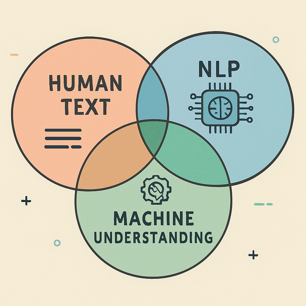 Venn diagram illustrating the relationship between human text, natural language processing (NLP), and machine understanding in sentiment analysis systems.