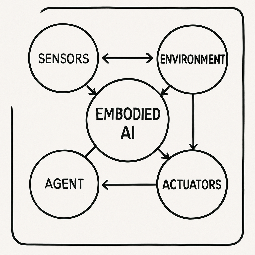 Embodied AI framework diagram illustrating the interaction between sensors, environment, actuators, and intelligent agents