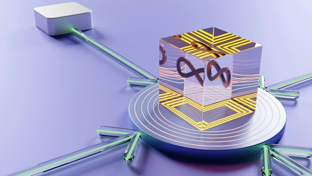 Futuristic quantum technology concept featuring a quantum processor connected to advanced computing systems, highlighting the impact of DARPA quantum research on future innovation