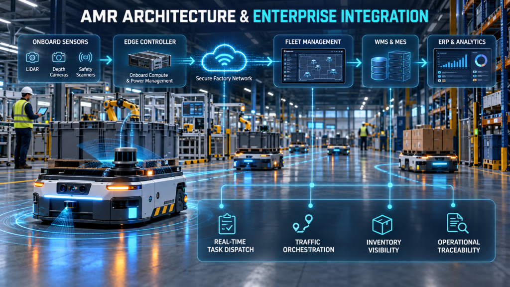Autonomous mobile robots architecture connecting onboard sensors and edge controllers with fleet management, WMS, MES, ERP, and analytics systems.