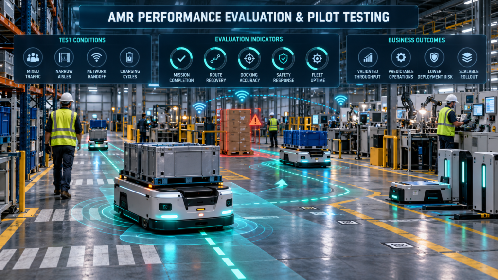 Autonomous mobile robots undergoing pilot testing for navigation, docking, safety response, network handoff, fleet uptime, and material throughput inside a smart factory.