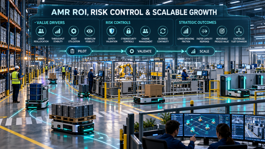 Autonomous mobile robot fleet operating across a connected factory with ROI value drivers, risk controls, strategic outcomes, and a pilot-to-scale deployment path.