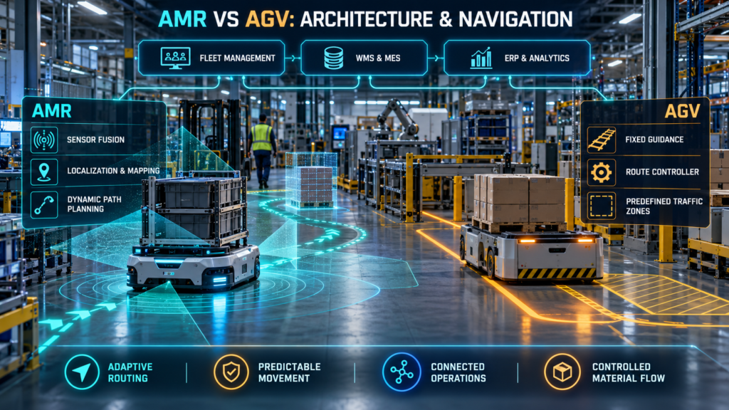 AMR using sensor fusion, mapping and dynamic path planning beside an AGV following fixed guidance and predefined traffic zones in a connected factory.
