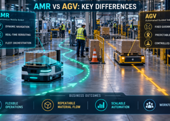AMRs and AGVs operating together in a connected factory with workflow-fit criteria, value drivers, risk controls and a pilot-to-scale deployment pathway.