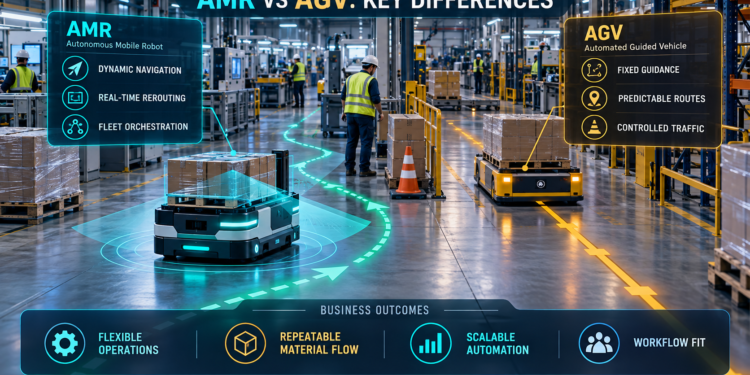 AMRs and AGVs operating together in a connected factory with workflow-fit criteria, value drivers, risk controls and a pilot-to-scale deployment pathway.