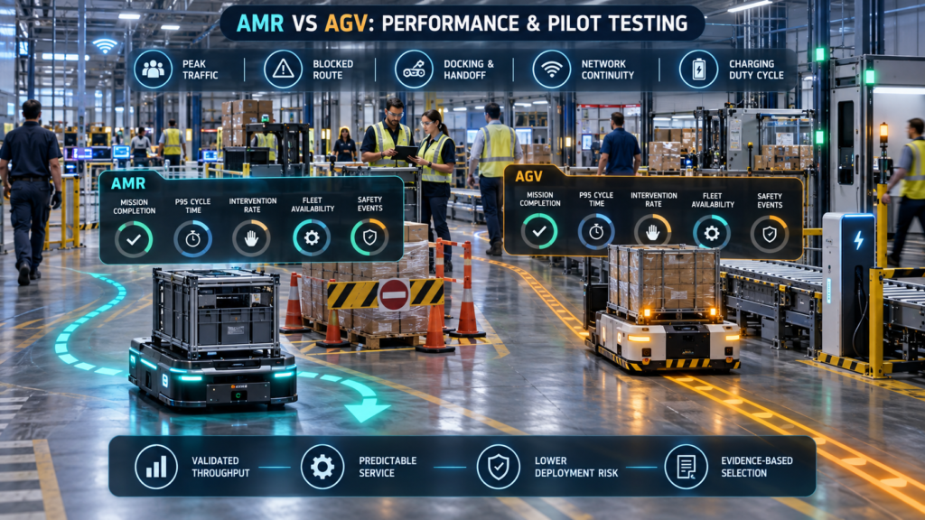 AMR and AGV undergoing factory pilot testing for blocked routes, docking, network continuity, charging, mission completion and fleet availability.