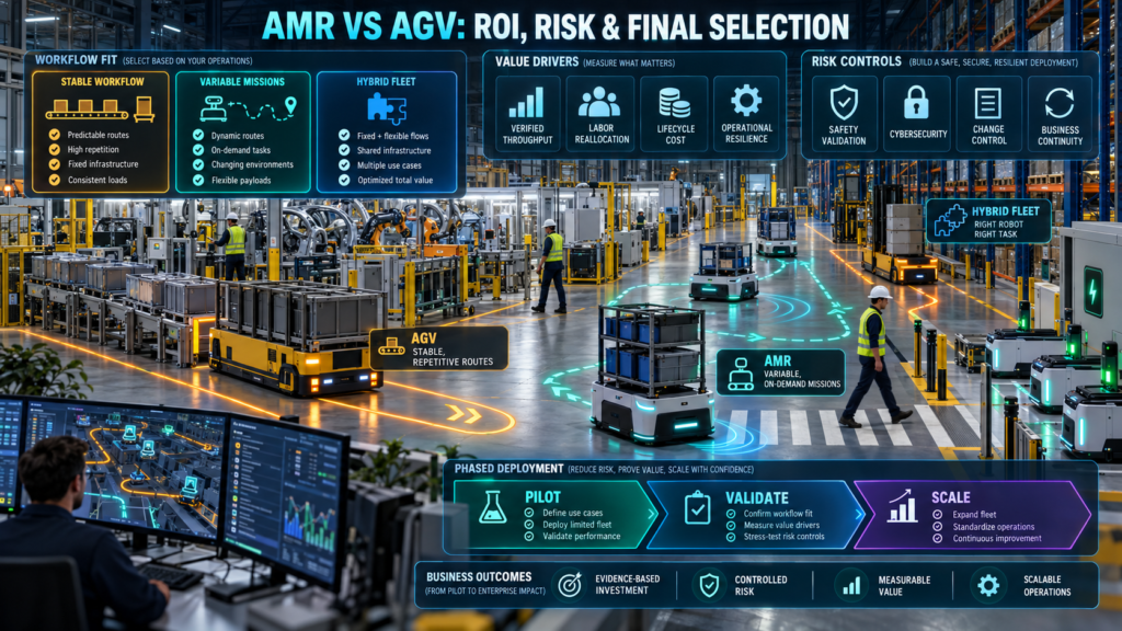 AMRs and AGVs operating together in a connected factory with workflow-fit criteria, value drivers, risk controls and a pilot-to-scale deployment pathway.