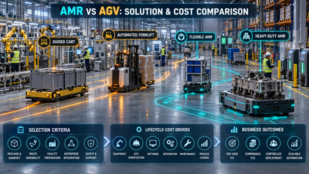 Guided cart, automated forklift, flexible AMR and heavy-duty AMR operating in one factory with selection criteria and lifecycle-cost drivers.