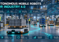 Autonomous mobile robots transporting materials through a connected Industry 4.0 factory with fleet orchestration, WMS and MES integration, and human-safe navigation.