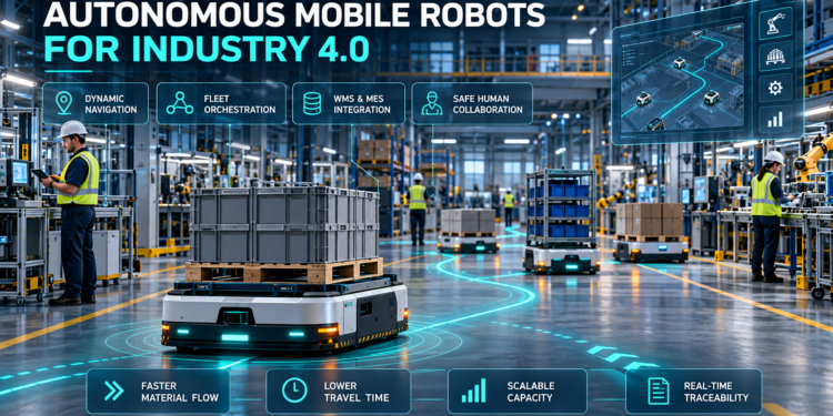 Autonomous mobile robots transporting materials through a connected Industry 4.0 factory with fleet orchestration, WMS and MES integration, and human-safe navigation.