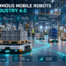 Autonomous mobile robots transporting materials through a connected Industry 4.0 factory with fleet orchestration, WMS and MES integration, and human-safe navigation.