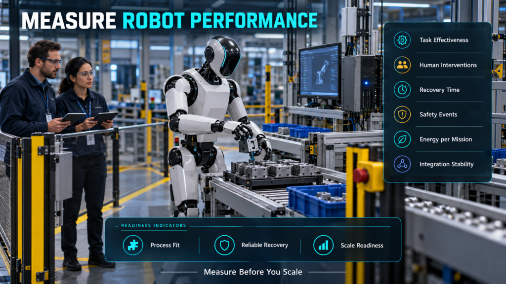 Humanoid robot pilot evaluated for task effectiveness, human interventions, recovery time, safety events, energy consumption, and integration stability.