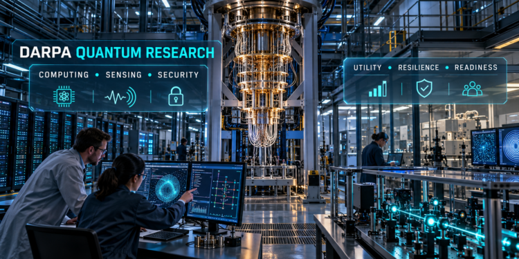 DARPA Quantum Research: Engineers monitoring quantum computing and sensing systems inside an advanced industrial research facility.
