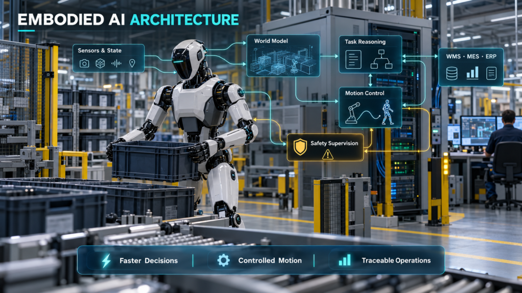Humanoid robot architecture connecting sensors, world modelling, task reasoning, motion control, safety supervision, and enterprise systems.