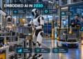 Humanoid robot, autonomous mobile robot, and industrial robot arm operating together in a smart factory under human supervision.