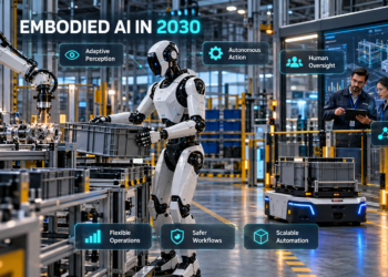 Humanoid robot, autonomous mobile robot, and industrial robot arm operating together in a smart factory under human supervision.
