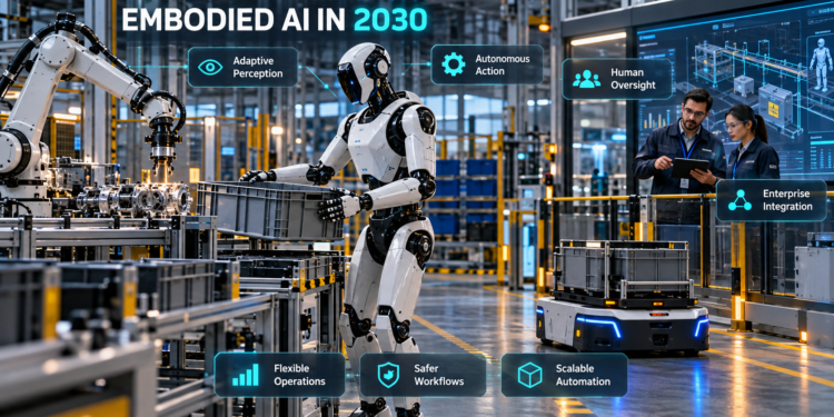 Humanoid robot, autonomous mobile robot, and industrial robot arm operating together in a smart factory under human supervision.