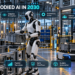 Humanoid robot, autonomous mobile robot, and industrial robot arm operating together in a smart factory under human supervision.