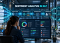 Data analyst using sentiment analysis in NLP to process customer feedback through privacy filtering, language routing, AI classification, and human review.