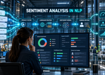 Data analyst using sentiment analysis in NLP to process customer feedback through privacy filtering, language routing, AI classification, and human review.