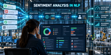 Data analyst using sentiment analysis in NLP to process customer feedback through privacy filtering, language routing, AI classification, and human review.