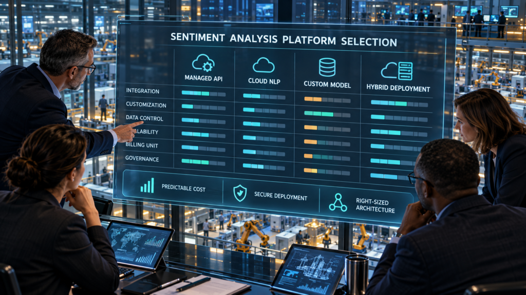 Technology leaders comparing managed API, cloud NLP, custom-model, and hybrid sentiment-analysis deployment options across integration, customization, data control, scalability, billing, and governance.