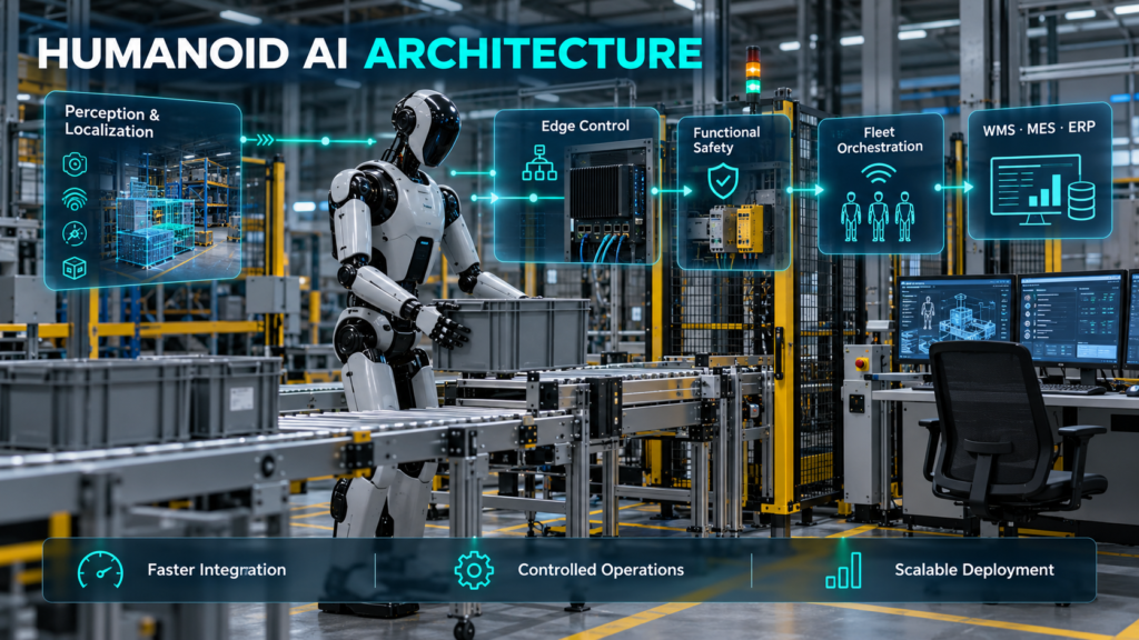 Humanoid robot architecture connecting perception, edge control, functional safety, fleet orchestration, and WMS, MES, and ERP systems.