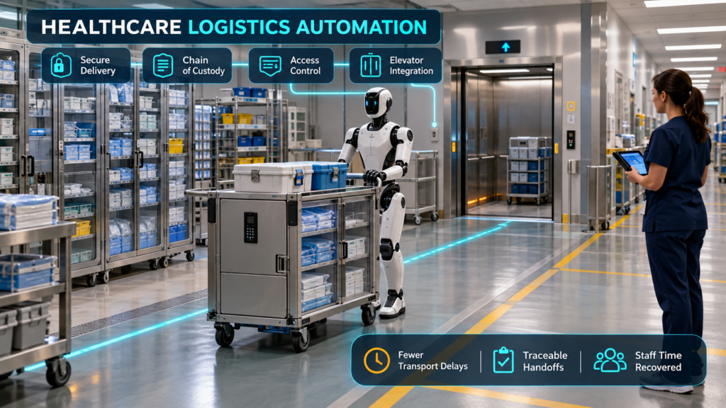 Humanoid logistics robot transporting secured medical supplies through a hospital with chain-of-custody, access-control, and elevator integration.