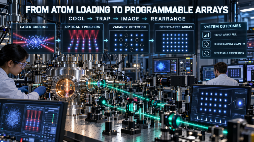Neutral atoms being cooled, trapped with optical tweezers, inspected for vacant sites, and rearranged into a defect-free programmable quantum array.