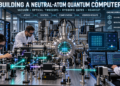 Neutral Atom Quantum Technology: Engineers assembling and operating a neutral-atom quantum computer with a vacuum chamber, optical tweezers, Rydberg gate controls, readout systems, and classical computing infrastructure.