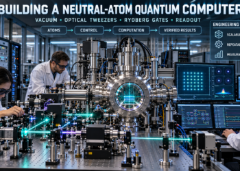 Neutral Atom Quantum Technology: Engineers assembling and operating a neutral-atom quantum computer with a vacuum chamber, optical tweezers, Rydberg gate controls, readout systems, and classical computing infrastructure.