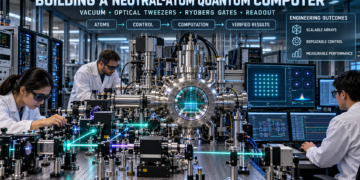 Neutral Atom Quantum Technology: Engineers assembling and operating a neutral-atom quantum computer with a vacuum chamber, optical tweezers, Rydberg gate controls, readout systems, and classical computing infrastructure.